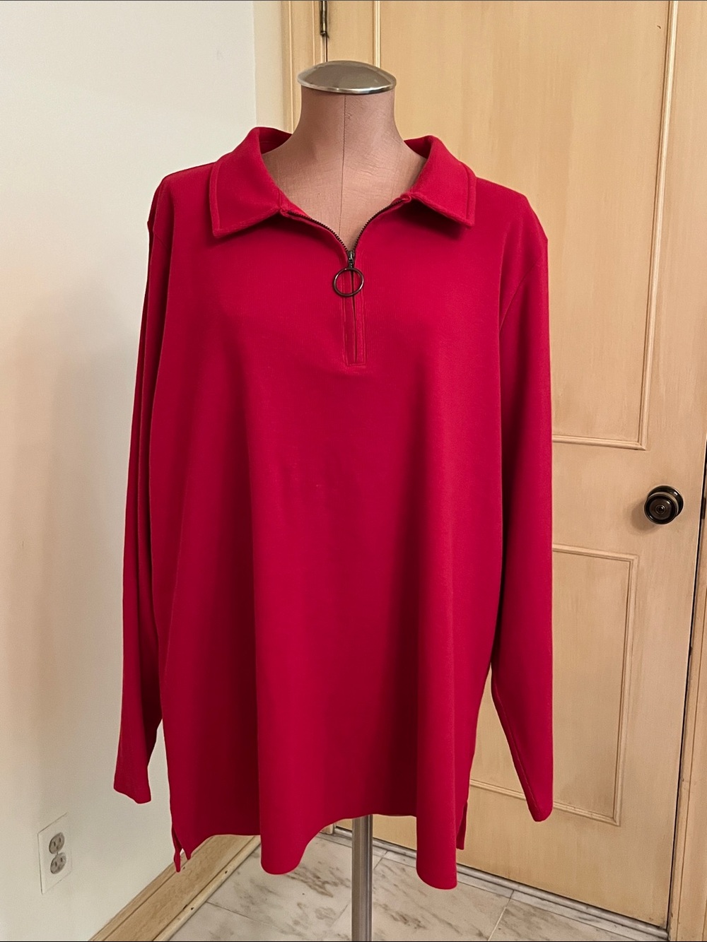 BELLE BY KIM GRAVEL Casual Weekend Travel Ribbed 1/4 Zip Red Cotton Tunic Top 3X